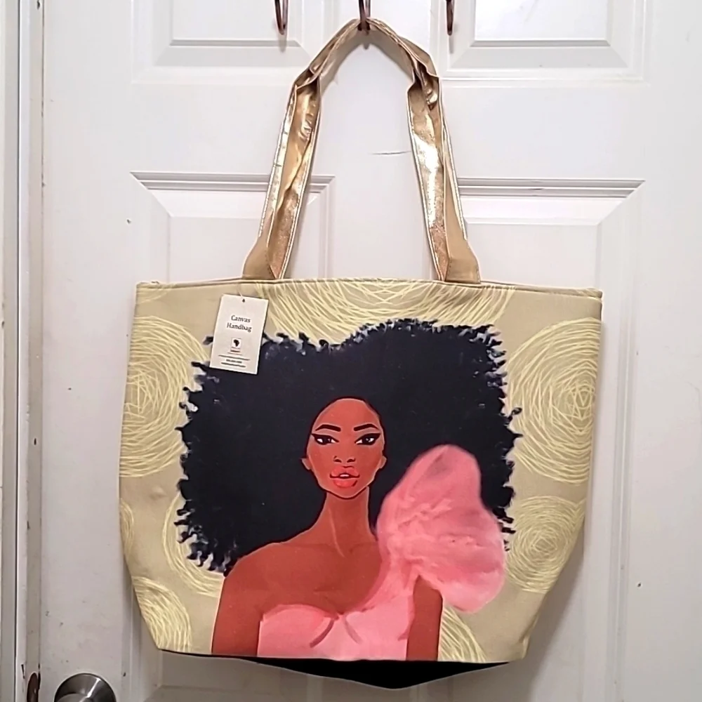 African American Expressions Canvas Handbag Women Large Beige Tote Bag Pink Afro